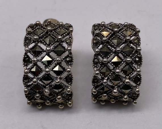 Vintage Art Deco Sterling Silver Marcasite Earrin… - image 1