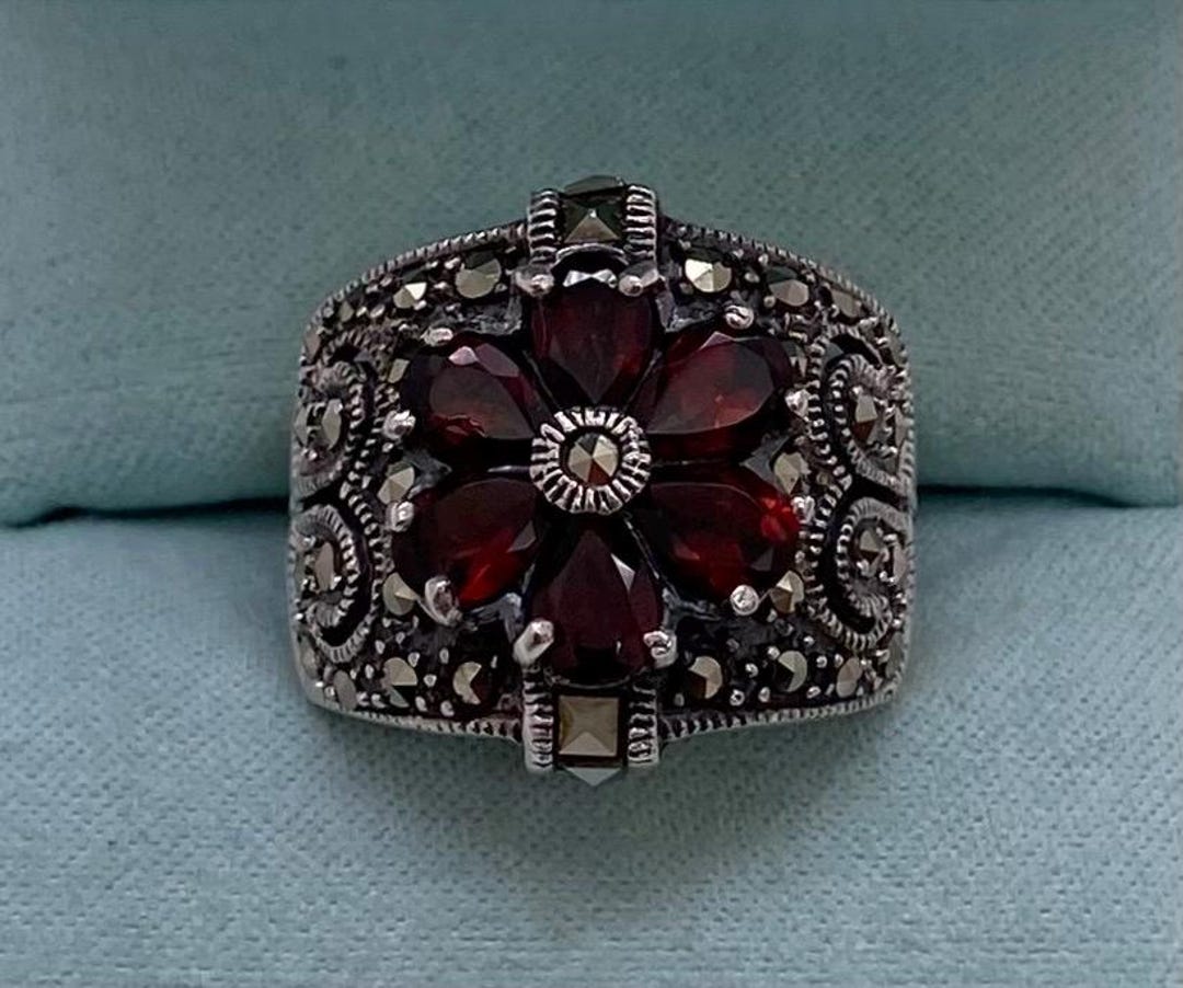 Vintage Sterling Silver Marcasite & Garnet Flower Ring Size 7.75 - Etsy