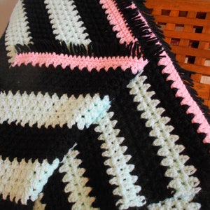 Large crochet Striped Pink, Mint Green, and Black Afghan Vintage Retro Throw, Heavy Weight Yarn,