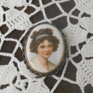 Antique Sterling Silver Madame Lebrun Porcelain Portrait Brooch Pin, Self Portrait of French Painter Élisabeth Louise Vigée LeBrun