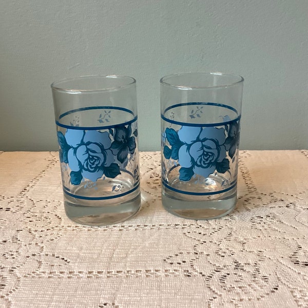 Crisa Blue Velvet Rose vintage Juice Glasses, 8 oz Size, Matches Corning-Ware Corelle Dinnerware Pattern