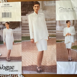 May include: A Vogue Patterns sewing pattern, design 1636, featuring a three-piece cream-colored suit by Oscar de la Renta. The pattern includes a long-sleeved dress, a jacket, and a skirt. The size range is 12-14-16.