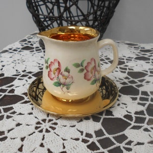 Vintage Prinknash Pottery Wild Rose and Gold Floral Creamer or Pitcher English Made, 24 KT Gold Under Plate Included Made in USA