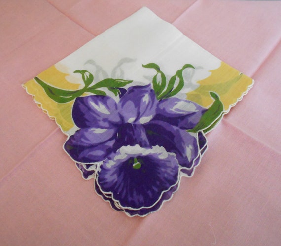 Vintage Purple Daffodil Handkerchief,  Yellow and… - image 2