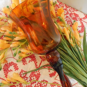 16 Inch Rich Amber Italian Empoli Glass Pedestal Hurricane Candle Holder, Vintage/Retro 60&#39;s