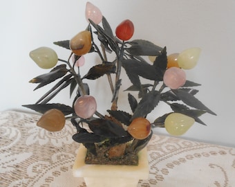 Vintage Carved Chinese Jade, Quartz, and Stone Tree, Asian Jade Tree, Chinese Carved Jade Bonsai Tree, 1960-70's