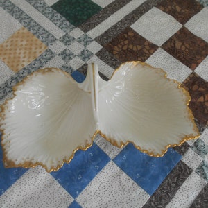 Vintage Lenox Porcelain Double Leaf Dish, Bowl or Tray, Antique White & Gold Accents