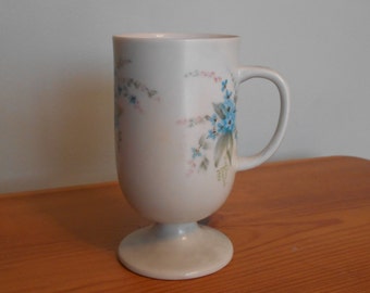 White Porcelain Pedestal Coffee/Tea/Cocoa Mug, Blue Floral Design, Vintage 1980's Signed and Dated, Shabby Chic, Country Design, Farm Themed