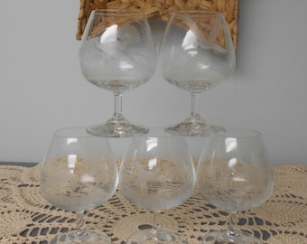 Etched Rowland Ward Crystal Etched Glass, The Hunt Brandy Snifter, Vintage Set of 5 Crystal Glasses, English