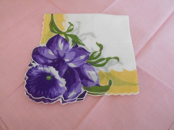 Vintage Purple Daffodil Handkerchief,  Yellow and… - image 3