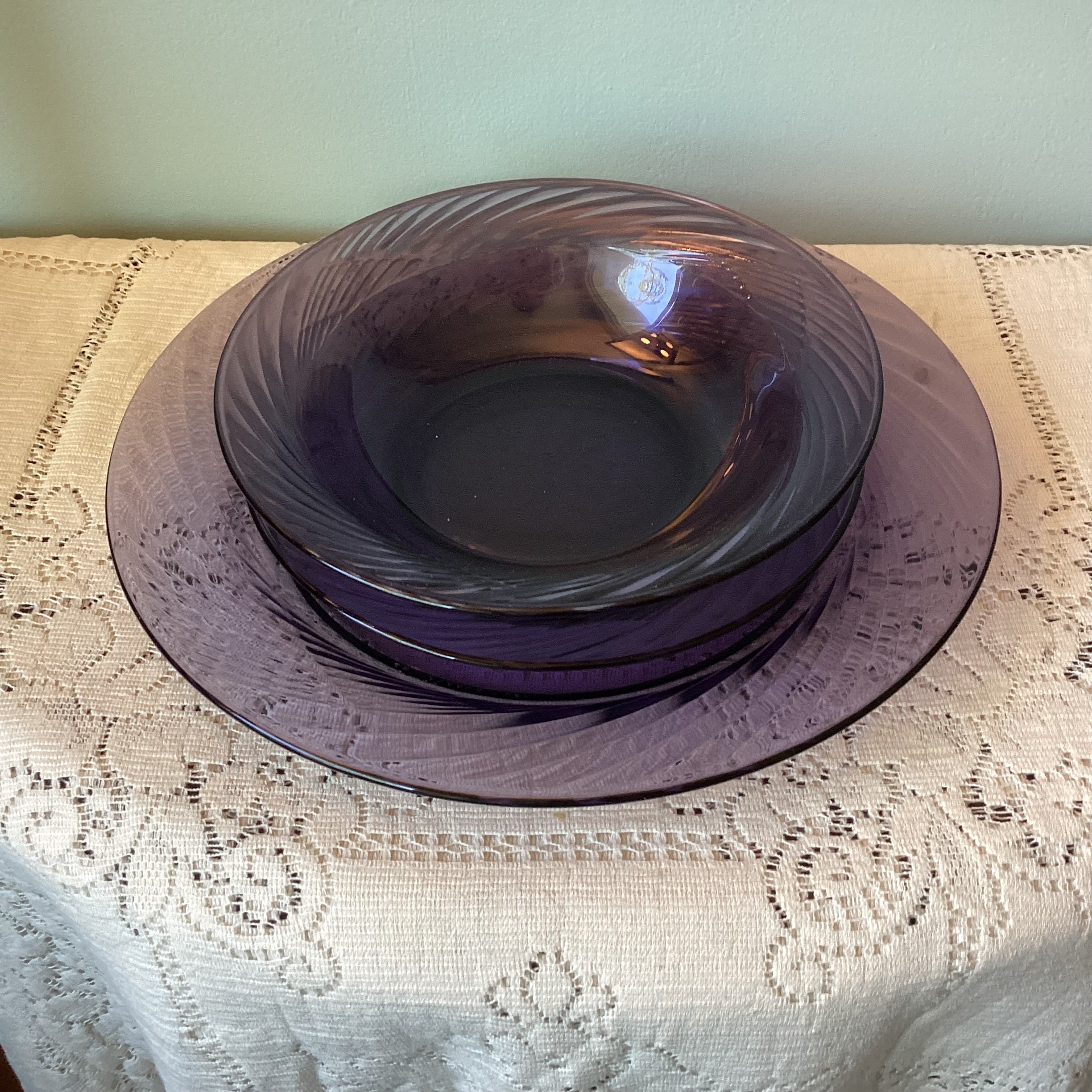 Vintage Purple Festiva Dinnerware, Pyrex Festiva Swirl Pattern,Place Service For One, 1 Dinner Plate, 1 Salad Plate 1 Cereal Bowl
