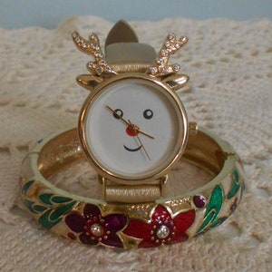 Christmas C Brand Costume Reindeer Fashion Wrist Watch & NY Brand Enamel Poinsettia Hinged Bangle Set, Both Sold Together.