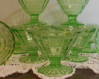 Block Optic, Anchor Hocking Green Depression Glass, Vaseline Glass Coupe Sherbet Cups 10 Total, 1920-30's Depression Glass