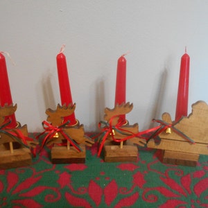 Wooden Santa and His 3 Wooden Reindeer Candle Holders, House of Lloyd, Christmas Around The World, 1990&#39;s Vintage Christmas Kitsch