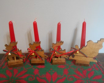 Wooden Santa and His 3 Wooden Reindeer Candle Holders, House of Lloyd, Christmas Around The World, 1990's Vintage Christmas Kitsch