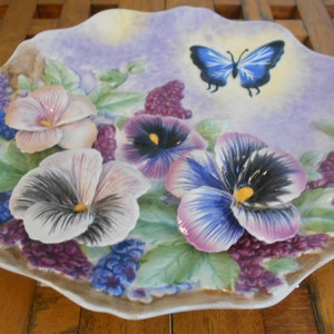 Flowered Porcelain Decorative Sculptured Plate, Retro Design, Butterfly and  Purple Pansies Detail, Valentines Day, Easter, Mother's Day