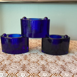 Cats Eye by Design Ideas, Set of 3 Cobolt Blue Glass Votive Holders, Vintage Blue Glass Stackable Votive Holders, Made in Taiwan 1995