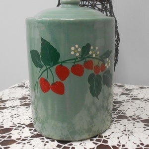 Pine/Teal Green USA Pottery, Crock Green Cookie Jar, Painted Strawberry Detail, 1930's-50's, USA Crockware/Pottery, Farm and Country Vibe