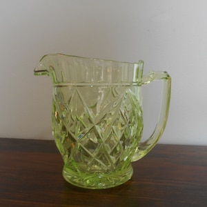 Green Depression Glass Pitcher, Vaseline Glass, Antique Early American Glass