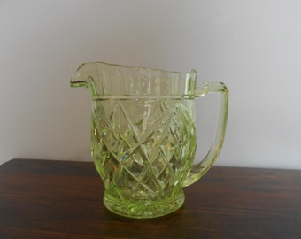 Green Depression Glass Pitcher, Vaseline Glass, Antique Early American Glass