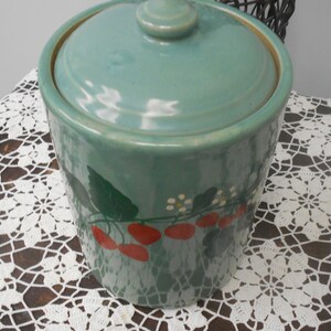 Pine/Teal Green USA Pottery, Crock Green Cookie Jar, Painted Strawberry Detail, 1930's-50's, USA Crockware/Pottery, Farm and Country Vibe