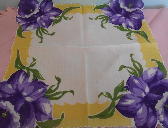 Vintage Purple Daffodil Handkerchief,  Yellow and… - image 1