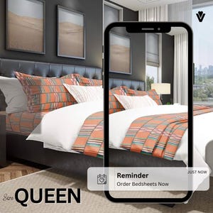 May include: Queen size bed with orange and green striped bedding. The bedding has a geometric pattern. The bed is made up with pillows and a duvet. The image includes a reminder to order bedsheets now.
