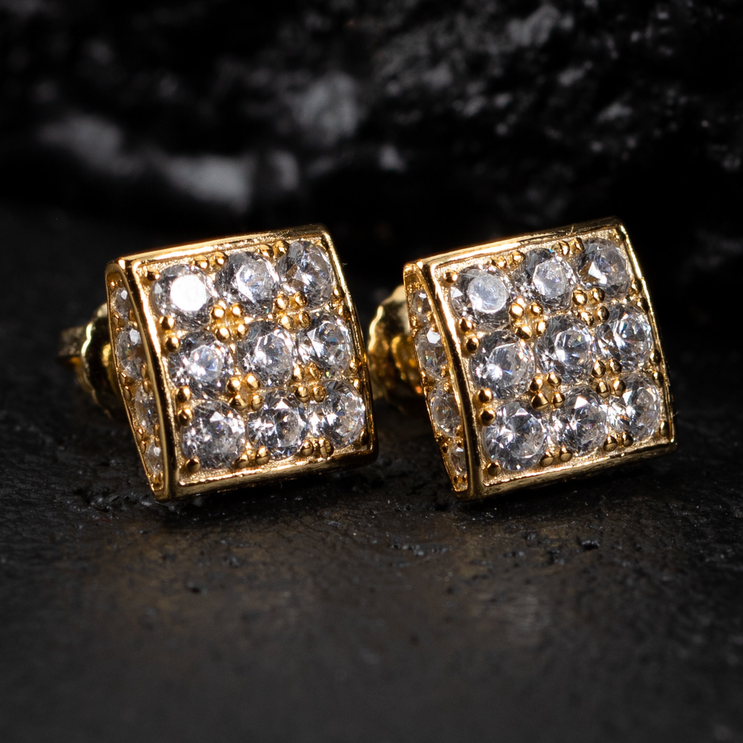 Square Kite Earrings Iced CZ Hip Hop Mens Ladies Real 14k Rose Gold Plated