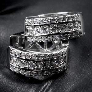Tsv Jewelers Men's 925 Sterling Silver White Gold Plated Small Hoop Earrings - Iced Cz - 8mm