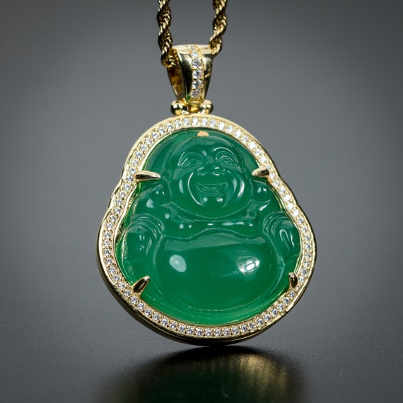Yellow Gold Iced Green Jade Buddha 