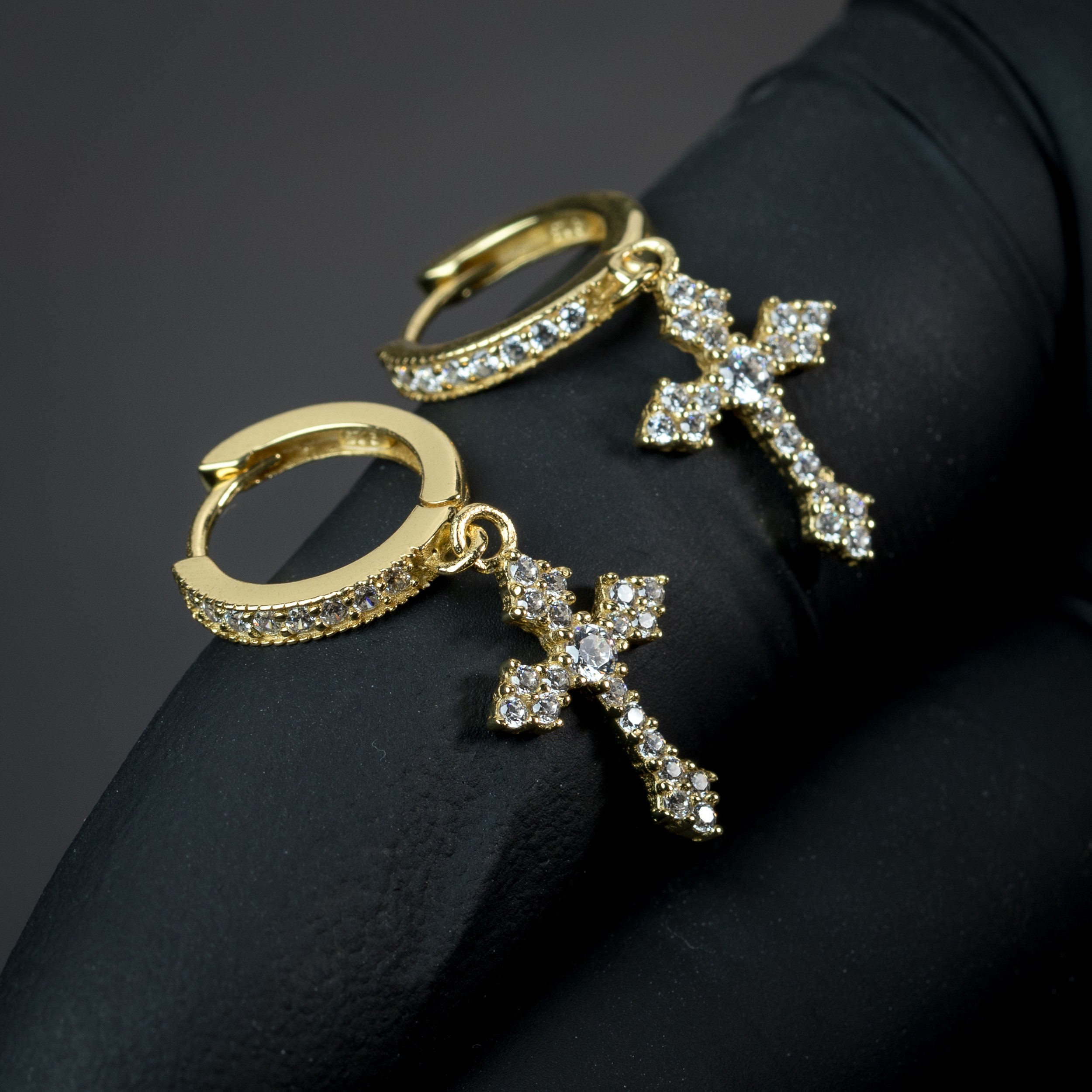 14K Yellow Gold Cross Religious Post Stud Earrings Drop Dangle:  16457135915059