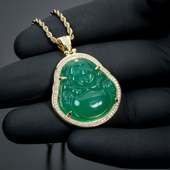 Yellow Gold Iced Green Jade Buddha 