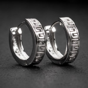 Small Men's Solid 925 Sterling Silver Greek Key Huggie Hoop Earrings