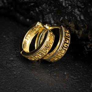 Small Solid Yellow Gold Mens Womens Greek Unisex Trendy 925 Sterling Silver Hypoallergenic  Huggie Hoop Key Pattern Earrings for Men Women