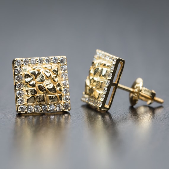 Mens Stud Earrings Gold Tone Sterling Silver Stop Sign CZ Pave Screw Back 10mm Mens Stud Earrings Gold Tone Sterling Silver Stop Sign CZ Pave Screw Back 10mm