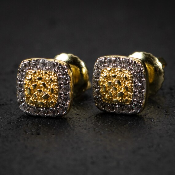 Mens Square Yellow Gold Sterling Silver Iced Nugget Hip Hop Screw Back Earrings 