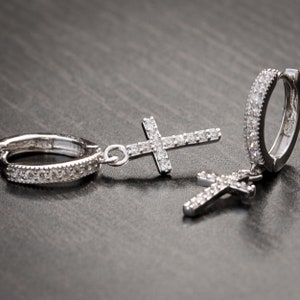 Iced Cz Sterling Silver Hanging Dangle Cross Hoop Earrings