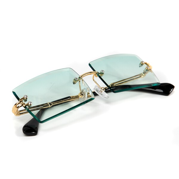 Vintage-Style Sunglasses - Gold Frame, Green Tint Lenses, Rectangular Rimless Design For Men