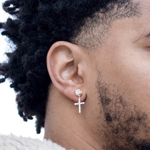 Dangle Iced Round Gold Sterling Silver Hanging Stud Cross Hoop Earrings