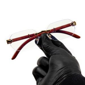 Gold Frame Rimless Geometric Clear Lens Men's Hip Hop Fashion Woodgrain Glasses