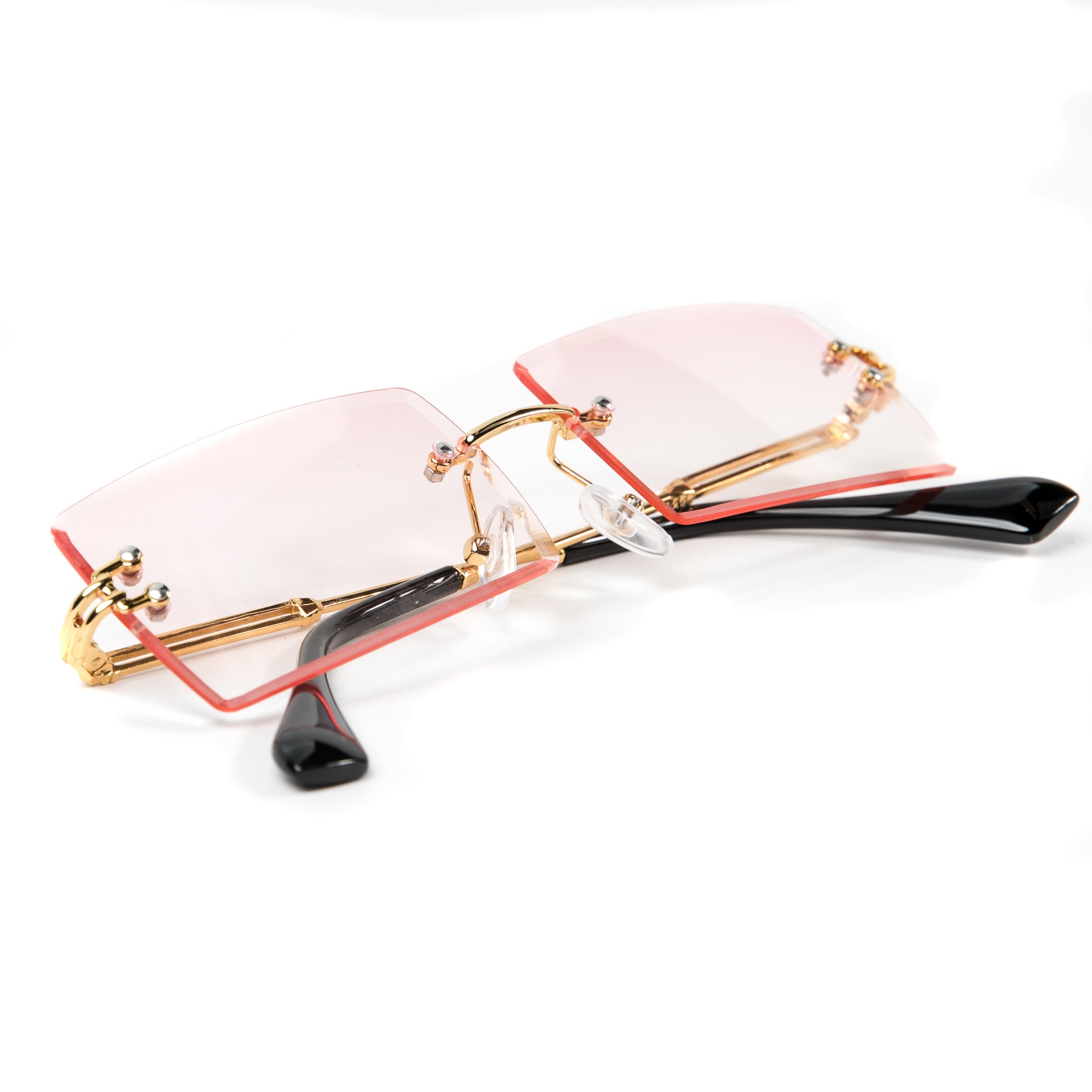 Rose Gold Frame Rimless Rectangular Pink Tinted Summer Sunglasses