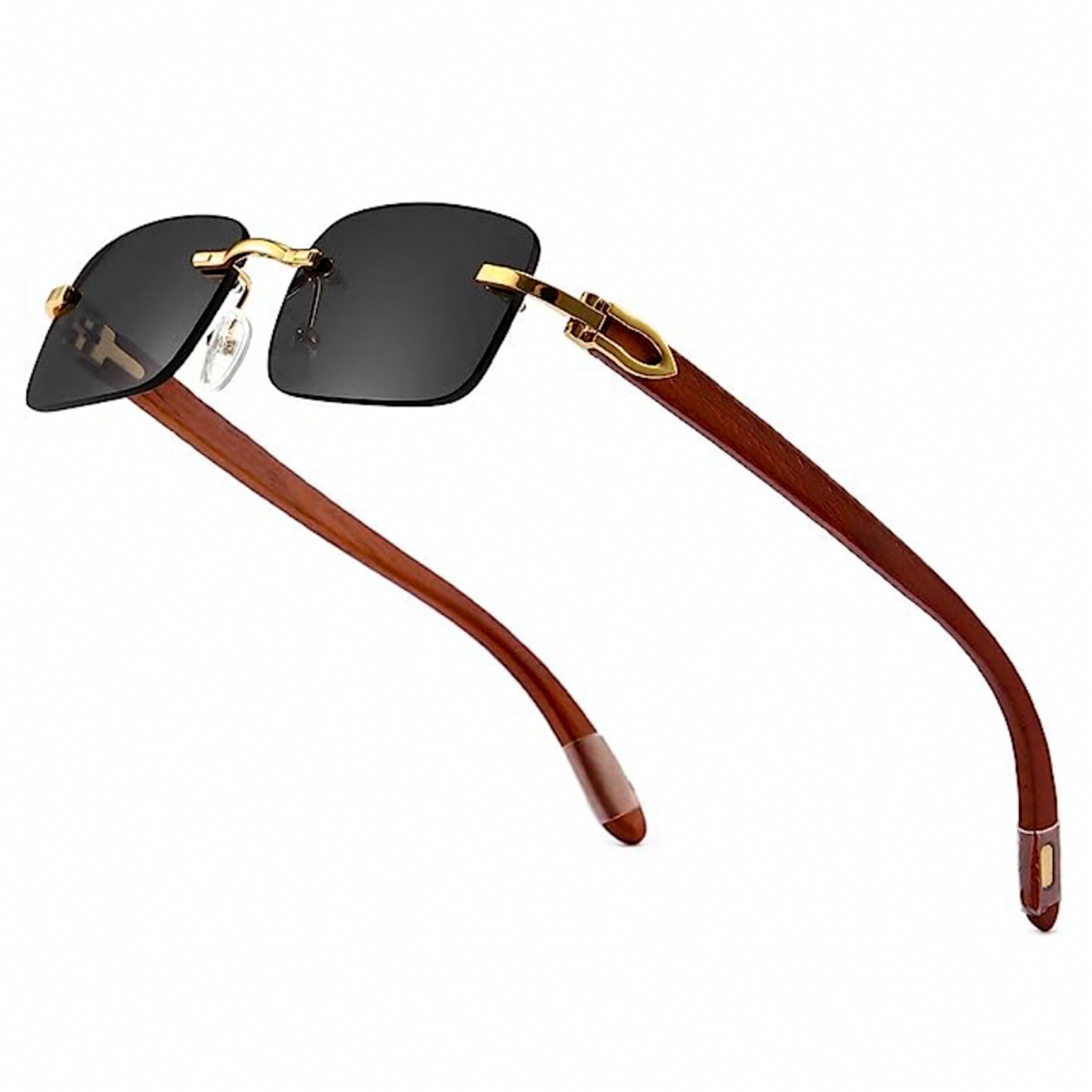 Rectangular Men's Black Tint Gold Frame Rimless Woodgrain Hip Hop