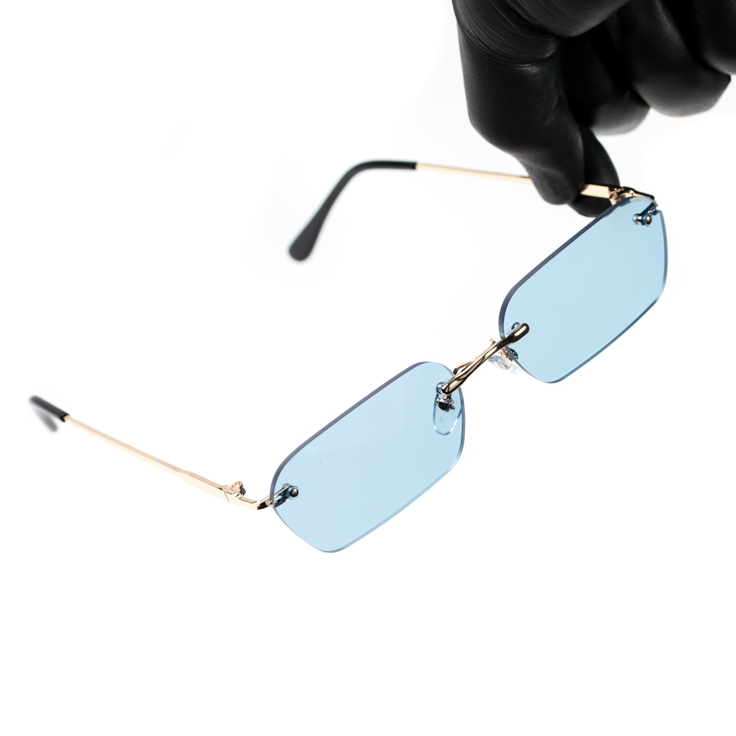 blue rimless glasses