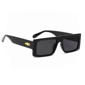 Retro OG 90's Narrow Rectangle Men's Dark Black Jewel Buckle Hinge Sunglasses