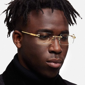 Clear Rimless Vintage Hip Hop Fashion Men's Gold Frame Glasses