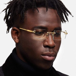 Clear Rimless Vintage Hip Hop Fashion Men's Gold Frame Glasses