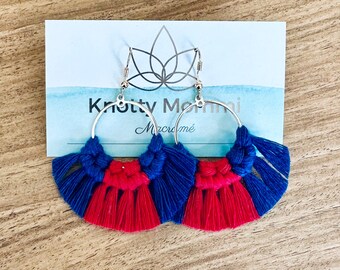 Gold Hoops, Boho, Lightweight, Macrame, Jayhawk Colors, Blue, Red, Earrings