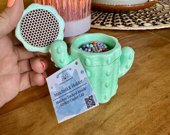 Handcrafted Cactus Matchstick Holder with Striker | Boho Decor | Rainbow Matches Included | Knotty Mommi Gift