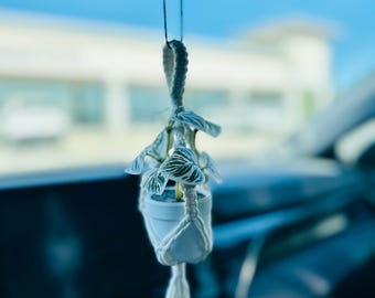 Mini Macrame Plant Hanger Charm | Faux Plant, Wood Beads, Tassel Car Accessory