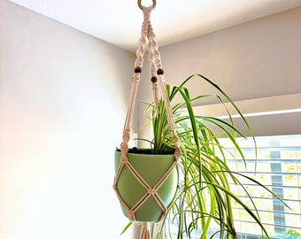 Handmade Macrame Plant Hanger: Boho Hanging Planter with Wood Beads, Plant Lovers